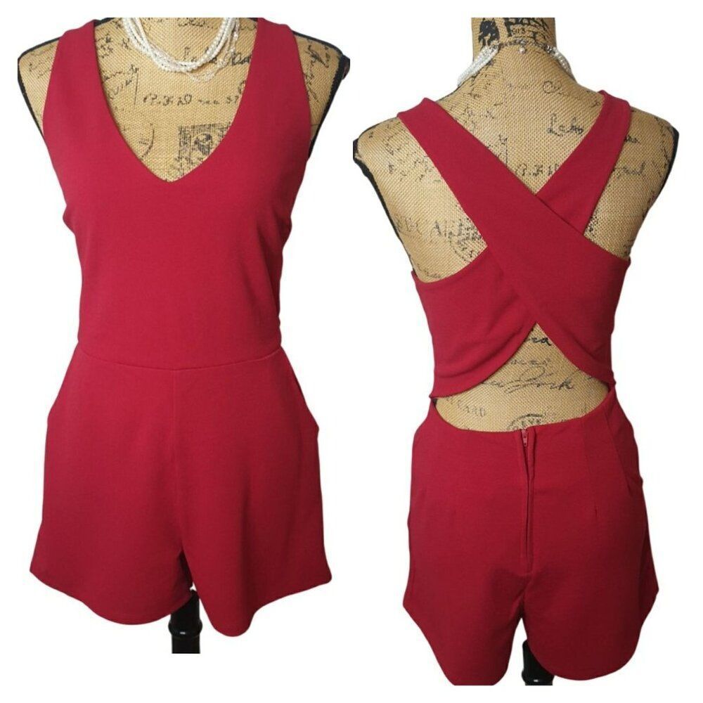 Crystal Sky Womens Sleeveless Romper Lg Red V-Neck Summer Pockets Resort Vacay